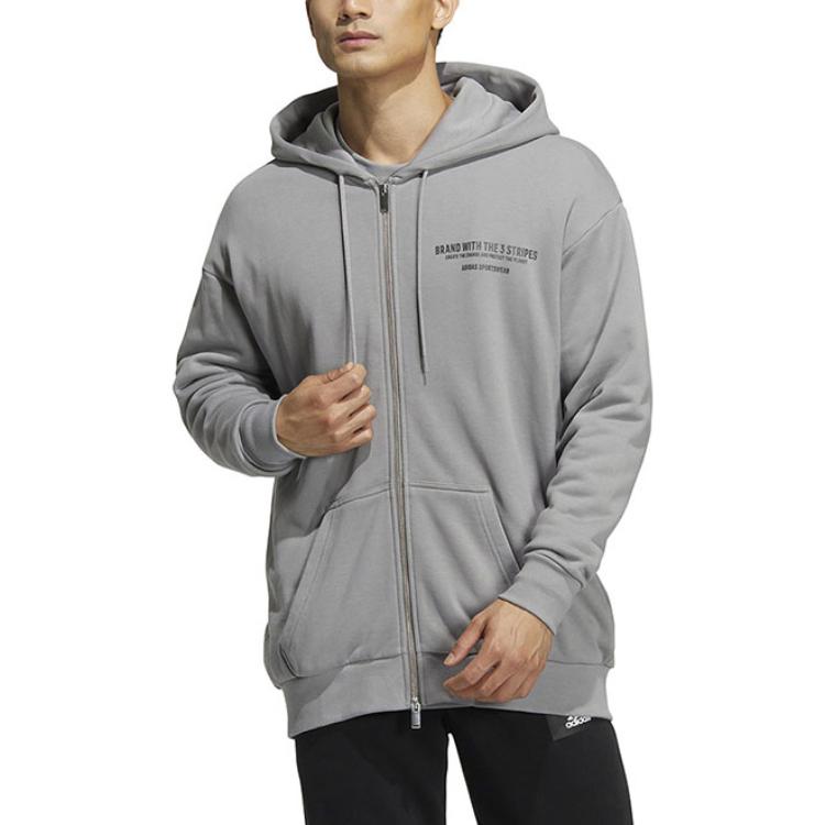 Adidas Letter Print Drawstring Hoodie with Long Sleeves Men Outerwear Light-Grey HZ7027