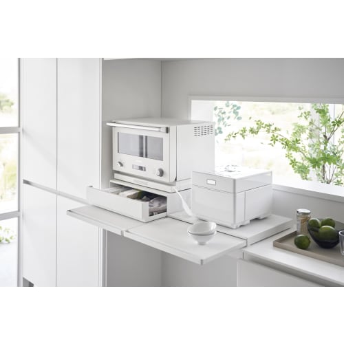 Yamazaki Tower Two-Way Kitchen Under-Appliance Drawer & Sliding Table, White, Approx. W45 X D39.3-64 X H13.5cm (17.7-24.7 Inches), with Sliding Shelf,