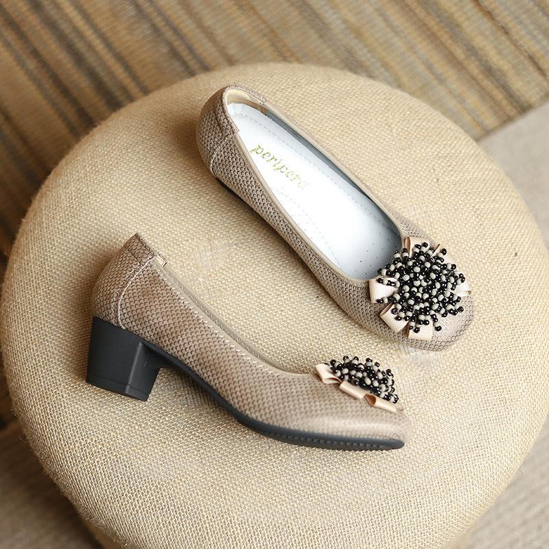 Fashion Women's Shoes Spring New Thick Heel Cowhide Shallow Mouth Single Shoes Printed Beaded Wedding Party Fashion Women Pumps