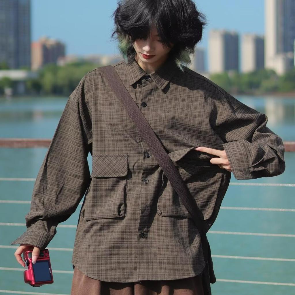 Boyue Qiyue Japanese Style Plaid Long-Sleeved Shirt Trendy All-Matching and Handsome Casual Ins Workwear with Pocket Coat for Men and Women