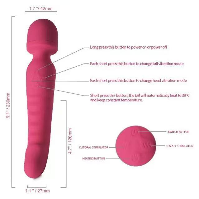Wiederaufladbarer Vibrator mit zwei Köpfen, Multi-Frequenz, Heizfunktion und Silikonhülle