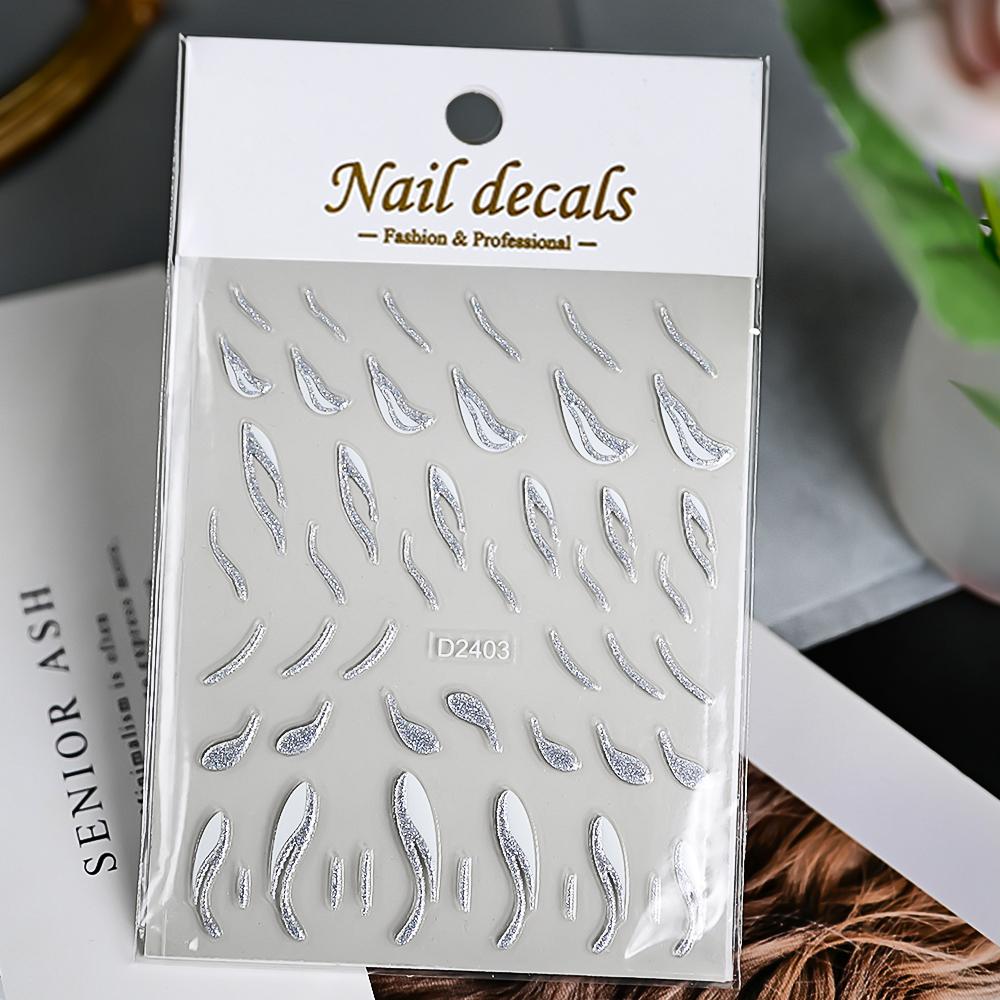 1pcs Gold Glitter French Design Nail Stickers White Silver Curve Lines Stripe Wave Nail Decals Slider Reflective Manicure Wraps