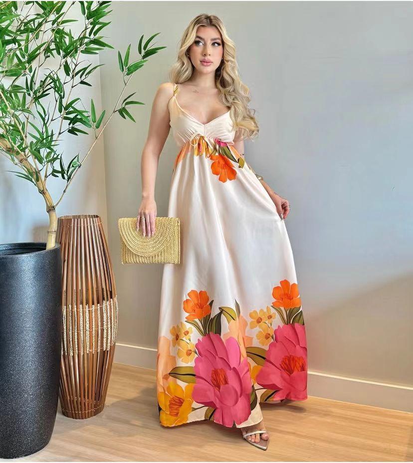European and American summer new printed waist suspender women s long dress XS