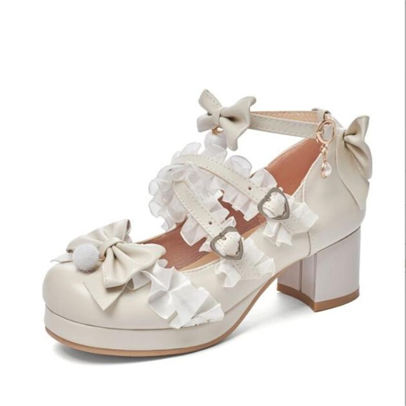 Cross Strap Girls High Heels Women Mary Jane Pumps Wedding Party Shoes Sweet Ruffles Bow Princess Cosplay Lolita Shoes 29-43