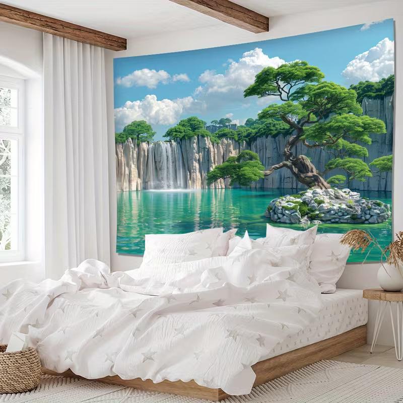 2D Zen Bonsai Baum auf Seeinsel Wandteppich Wasserfall Natur Kunst Wanddekoration Stoff für Zuhause & Schlafzimmer