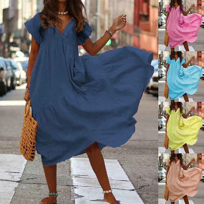 Elegant Women Fashion Maxi Dress Short Sleeve Solid Color Casual Boho Kaftan