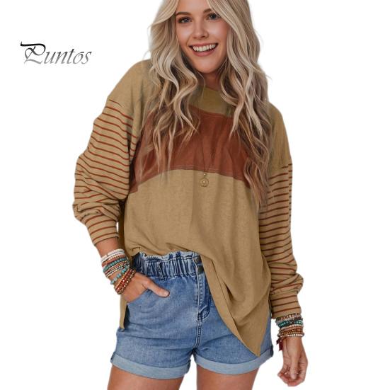 

Женская футболка с круглым вырезом и длинным рукавом в полоску контрастного цвета свободного кроя, эластичная дышащая футболка-пуловер 2XL хаки