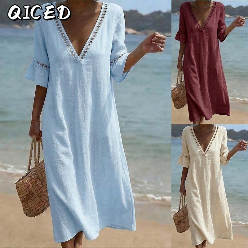 QICED Fashion Summer Spring Short Sleeve V-Neck Casual Dresses