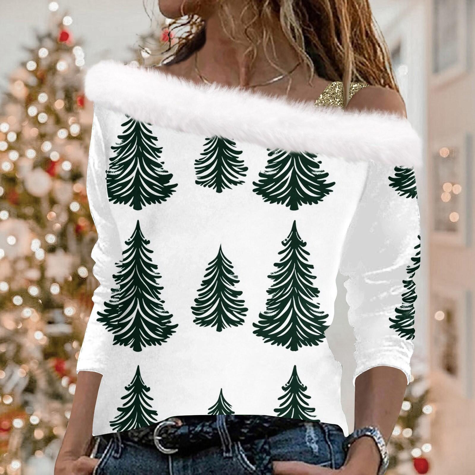 

Женский рождественский принт с длинными рукавами из твила, пуловер с воротником, топ с длинными рукавами M белый