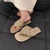 Women's Round Toe Pearl Flip-flops Summer New Lightweight Non-slip Beach Sandals Shoes Pinch Toe Rome Slippers