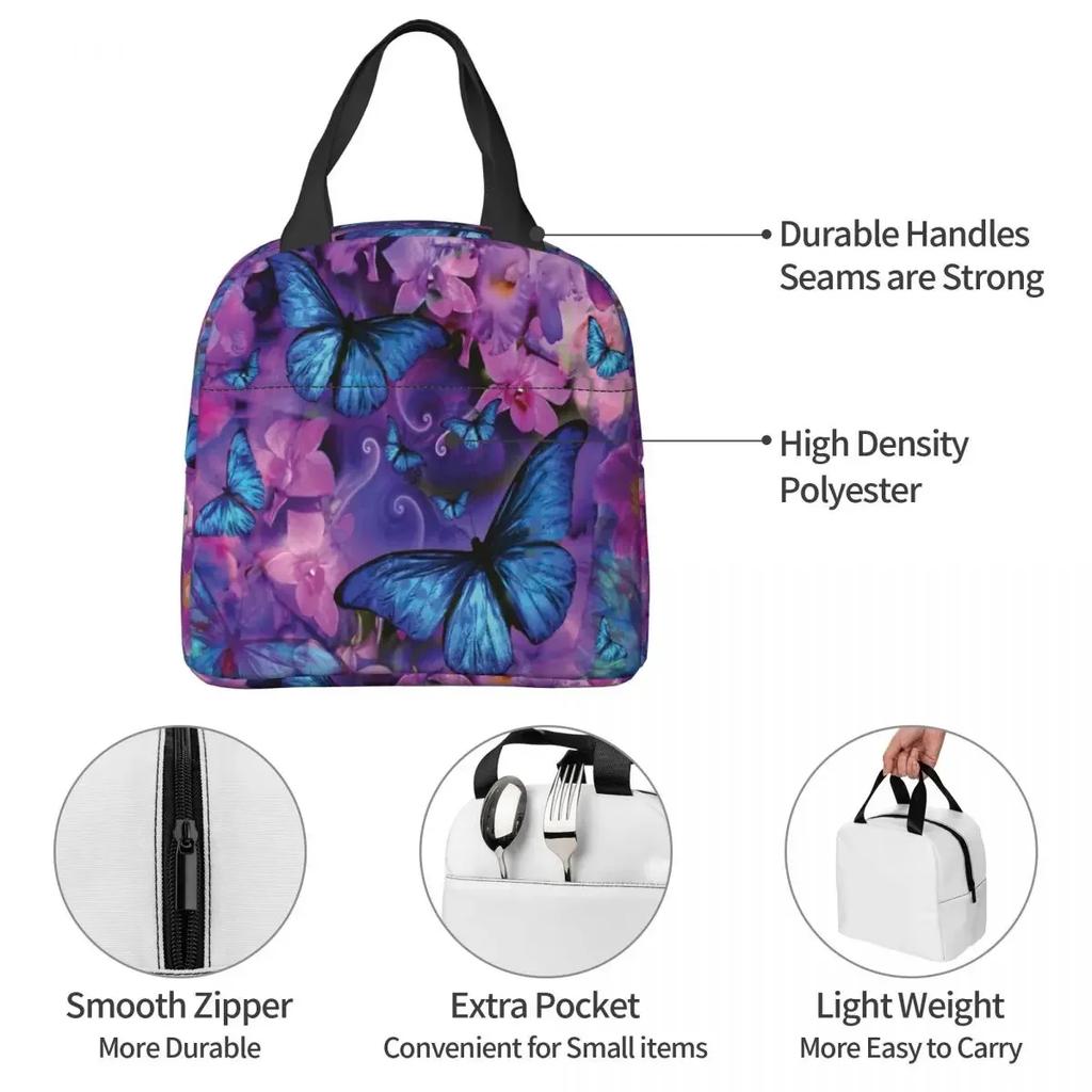 Blue Rhopalocera Flower Oxford Cloth Portable Bags Butterfly School Trip Lunch Hiking Debris Cooler Food Handbags