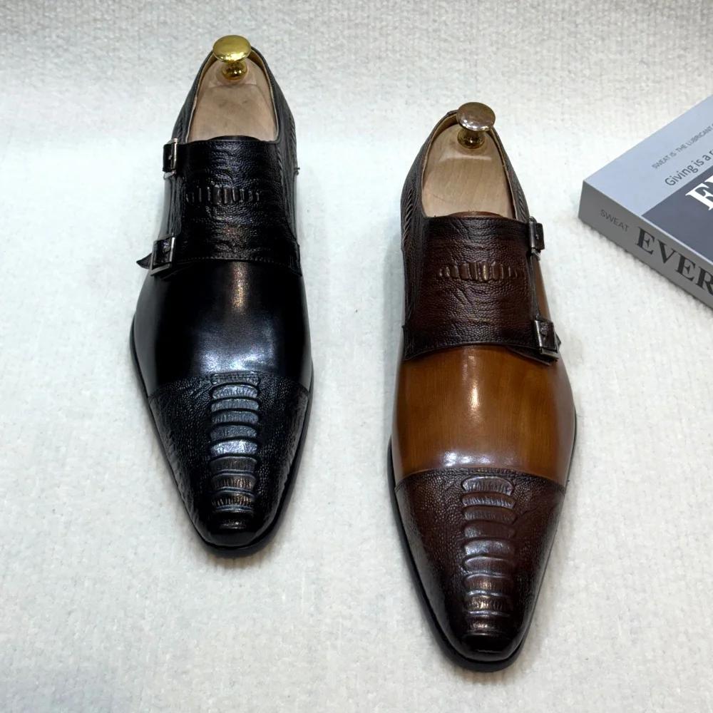 Fashion Men's Handmade Brown Monk Shoes Double Buckle Genuine Cow Leather Luxury Wedding Business Formal Basic Men's Footwear