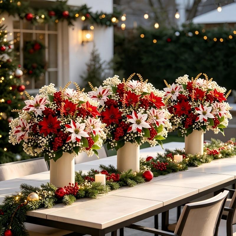 14/22PC Set Christmas Poinsettia Flower Bouquet Red White Berry Poinsettia for Fireplaces Stair Railings Christmas Dining Table