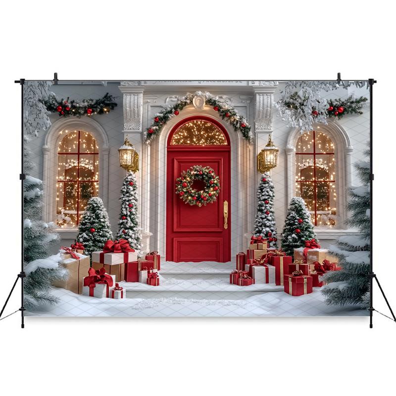 Mocsicka Christmas Photography Backgrounds Xmas Tree Decor Family Festival Party Photo Backdrops Winter Snow Door Pattern Banner