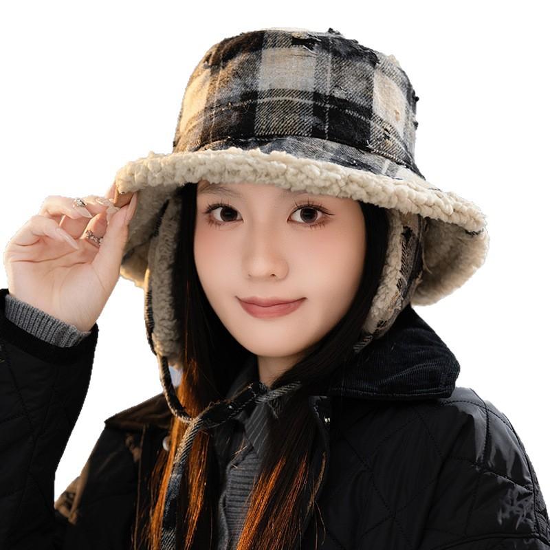 Winter Hat for Women Japanese Retro Thickened Fisherman Hat Plaid Windproof Warm Ear Protection Hat Casual Versatile Plush Hat