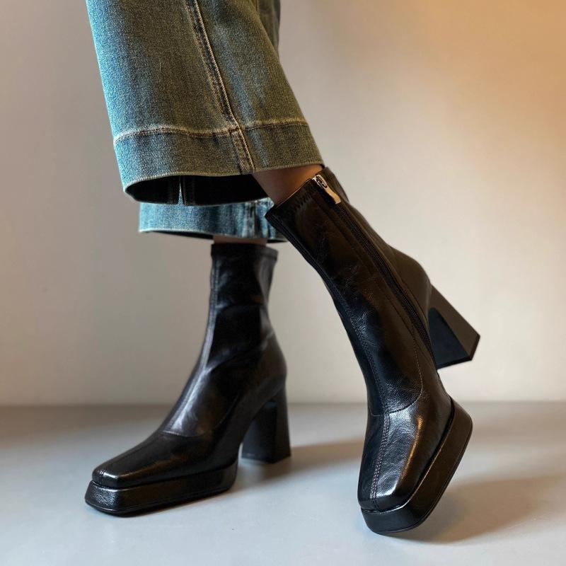 Block Heel Booties Women Fall Winter New Retro Platform Heightened Versatile Square Toe Rear Zipper