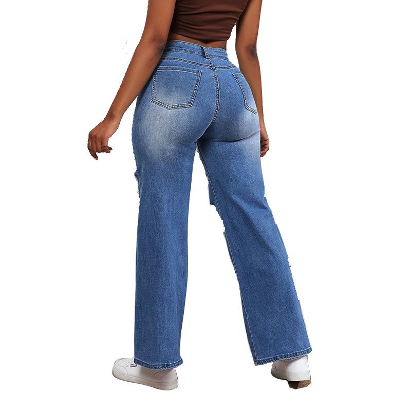 2023 Women's High Waist Ripped Jeans: European & American Style, High Stretch, Loose Straight Leg