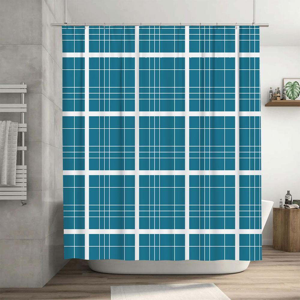 Blue Plaid Shower Curtain Waterproof Bath Mat Home Decor