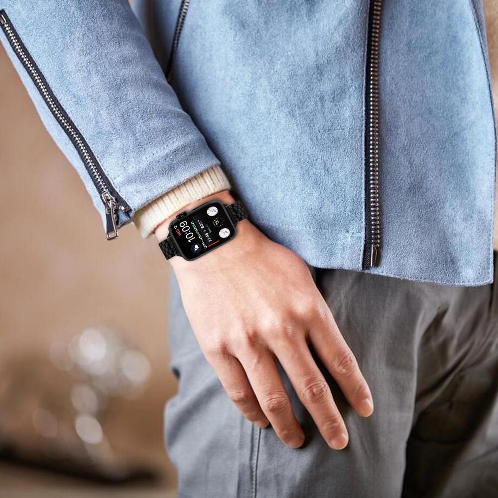 Watch Band For Apple Watch Series 10 9 8 7 SE 6 5 4 3 2 1 42mm 41mm 40mm 38mm Slim Five-Bead Stainless Steel Black Strap