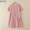 ZANZEA Women Casual Round Neck Short Sleeve Stripe Summer Dress