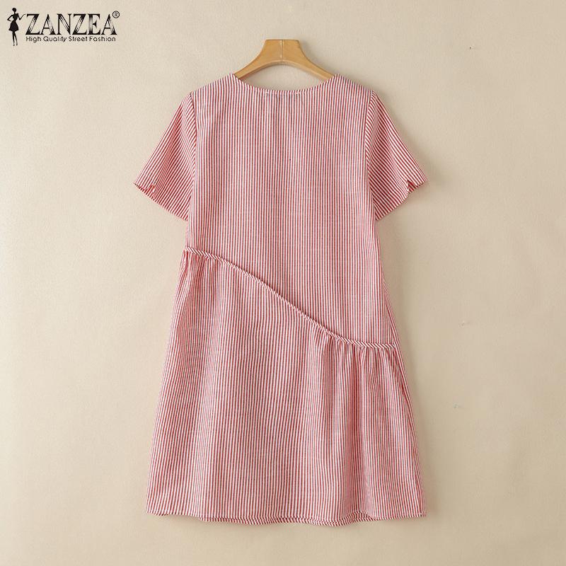 ZANZEA Women Casual Round Neck Short Sleeve Stripe Summer Dress
