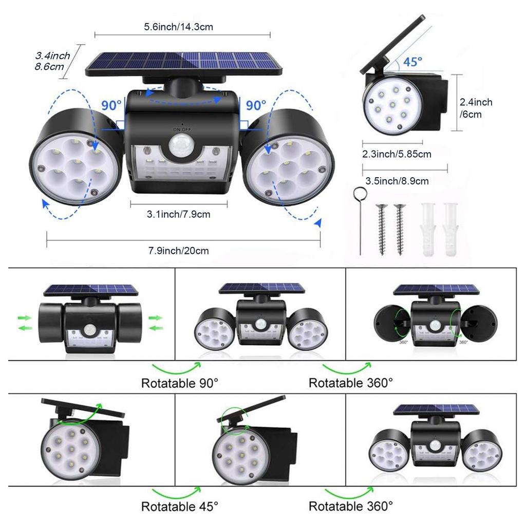 30 LED Dual Head Rotatable Solar Wall Light for Outdoor Use