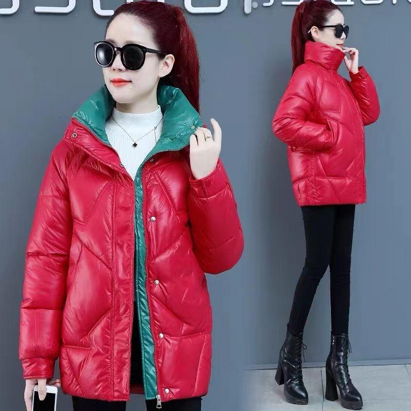 Women's Short Warm Jacket Puffy Zipper Shiny Warm Jacket Standing Collar Plus Size Lined Filled Cotton Jacket