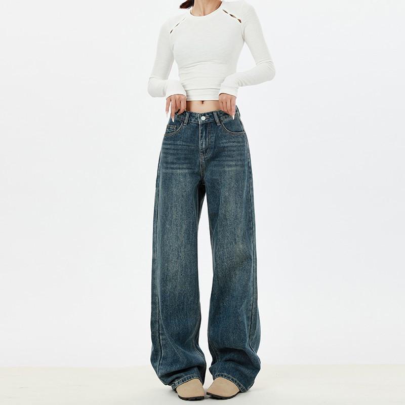 American High Street Women's Retro Slimming Straight & Wide Leg Jeans - Spring/Autumn 2025, Loose Casual Fit
