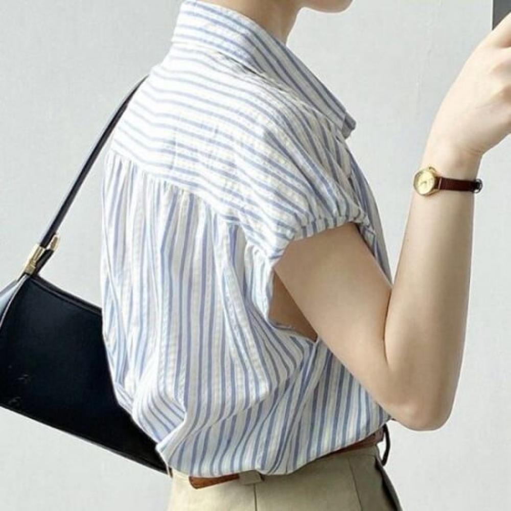 Navava Women Casual Stripe Cap Sleeve Shirt Nb2742