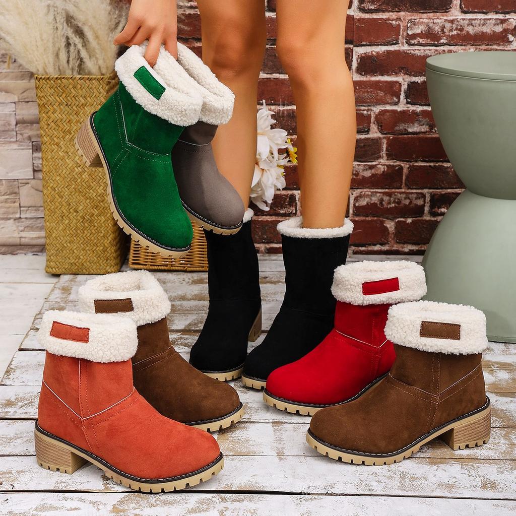 New Women's Mid-Calf Chunky Heel Faux Fur Snow Boots - Plus Size Cotton Boots