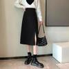 Plus Size High Waist Black Midi Skirt with Slit - A-Line Style for a Slimming Look