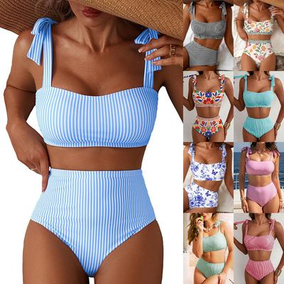 Bikini Set 2-teilig Gestreifter Badeanzug High Waist Badeanzug