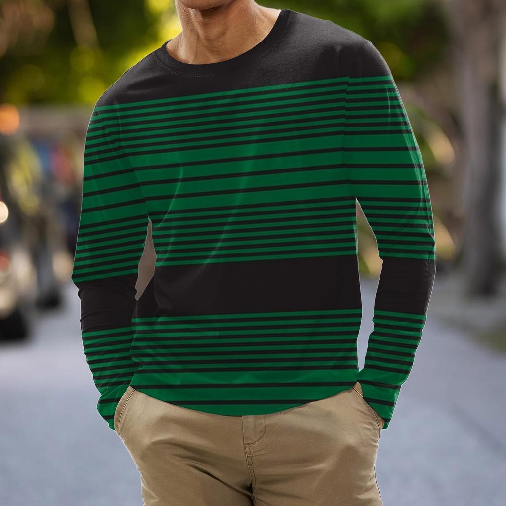 Men's Fashion Casual Stripe Printed Long Sleeve O-Neck Shirts Tops Blouse
