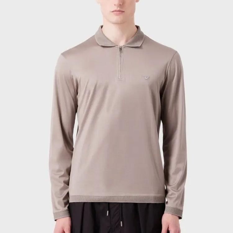 Emporio Armani FW23 Solid Color Small Logo Embroidered Pullover Long Sleeve Polo Shirt Men Tops Gray Beige 6R1F85-1JUVZ-0643
