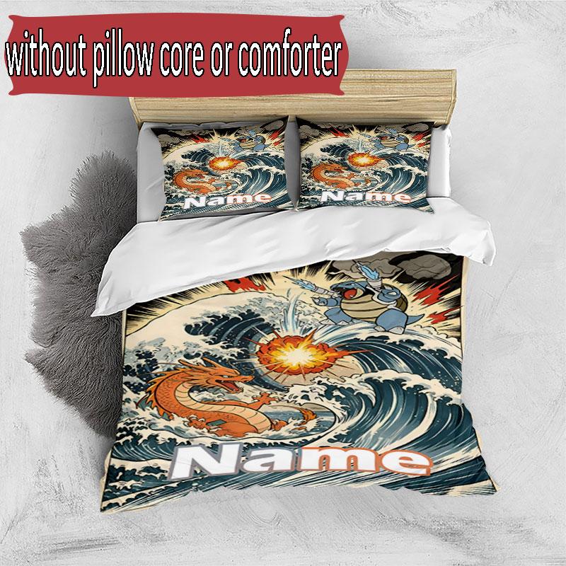 3pcs Duvet Cover Set (1*Duvet Cover + 2*Pillowcase, Without Core), Custom Name Charizard VS Blastoise Pattern Bedding Set, Home Bedroom Decor Gift