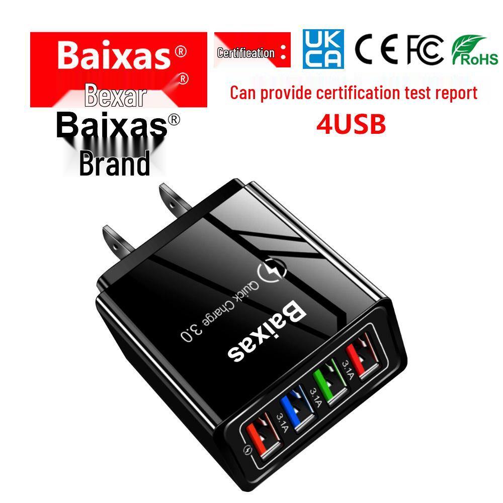 4-Port USB Mobile & Tablet Charger, US/EU Standard, 3A Fast Charging