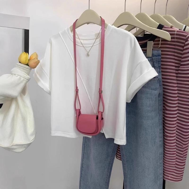 Damen Tasche Kragen Design Sinn Nische Schlitz Klein Kurz Kurzarm T-Shirt Top