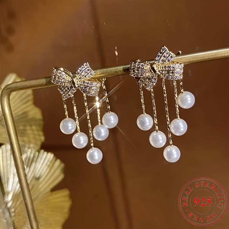 Chic tassel earrings with bow design - vintage-inspired, 925 silver ear studs, suitable for daily wear and travel