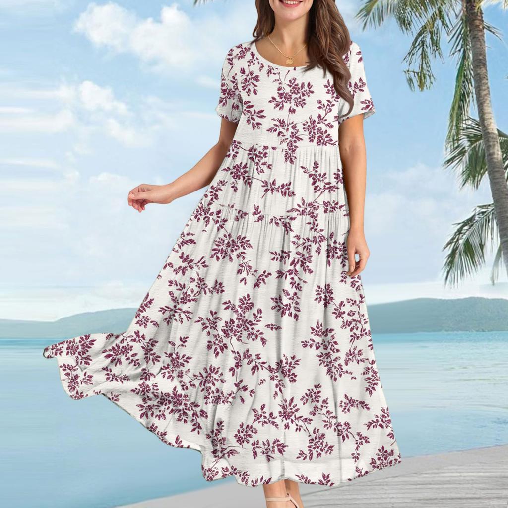 Women's Casual Loose Bohemian Floral Print Short Sleeve Dress