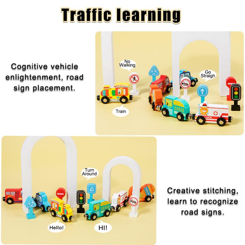 Montessori Wooden Toys Magnetic Small Train DIY Traffic Sign Recognition Vehicle Cognition Car Models Children Educational Toys