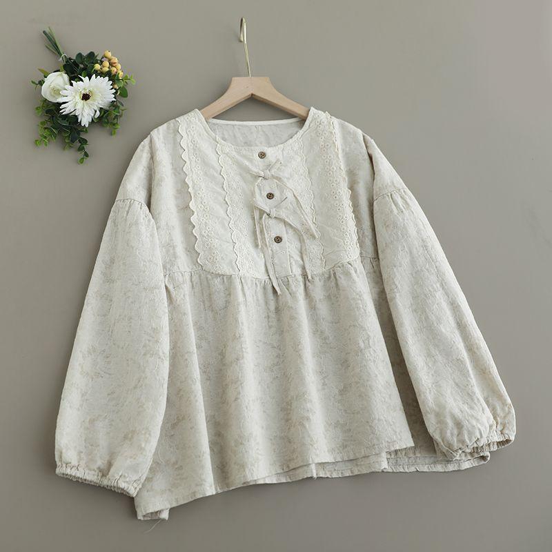 

Summer Women clothes New Mori Women s round Neck Bow Top Pullover Loose All-Match Long sleeve Shirts Women s Shirt Fashion Hemp natural color One size