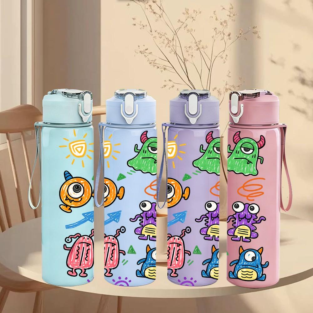1PC Sun Monster Doodle Print 750ml Color Plastic Sports Water Bottle Leakproof Flip Straw Lid Suitable for Sports Office Home Use