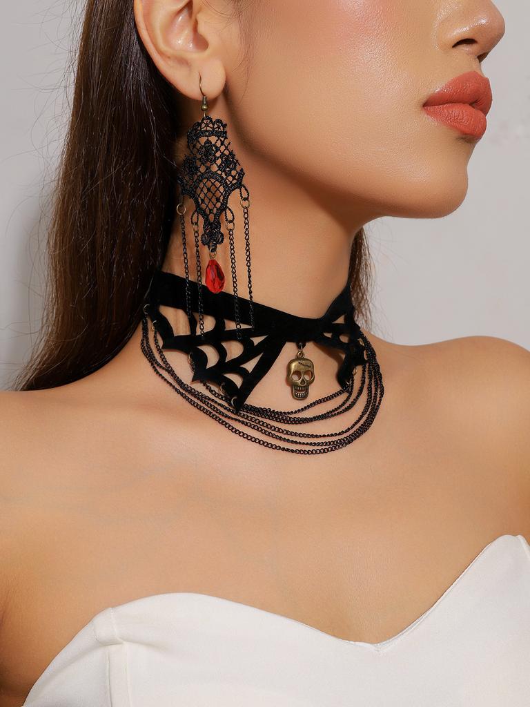 Vintage Black Lace Rose Necklace Bracelet Ring Set Women's Dinner Party, Dark Wind Neck Chain Bracelet