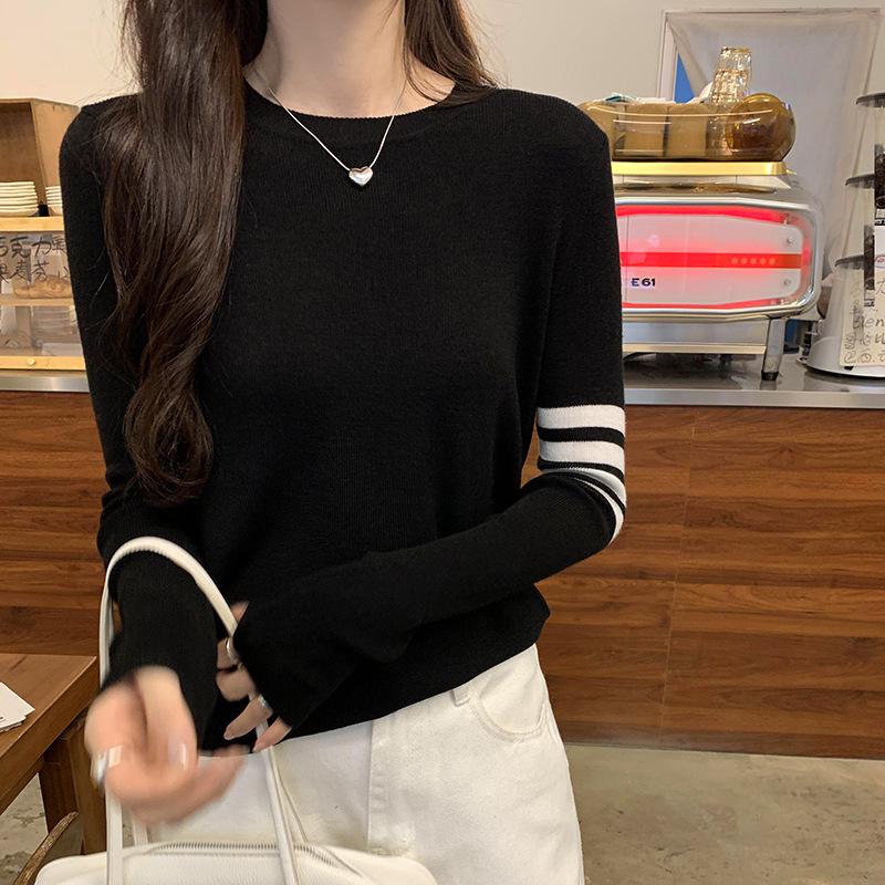 Korean College-Style Women's Striped Wool Knit Long Sleeve Top – Early Autumn Slim Fit