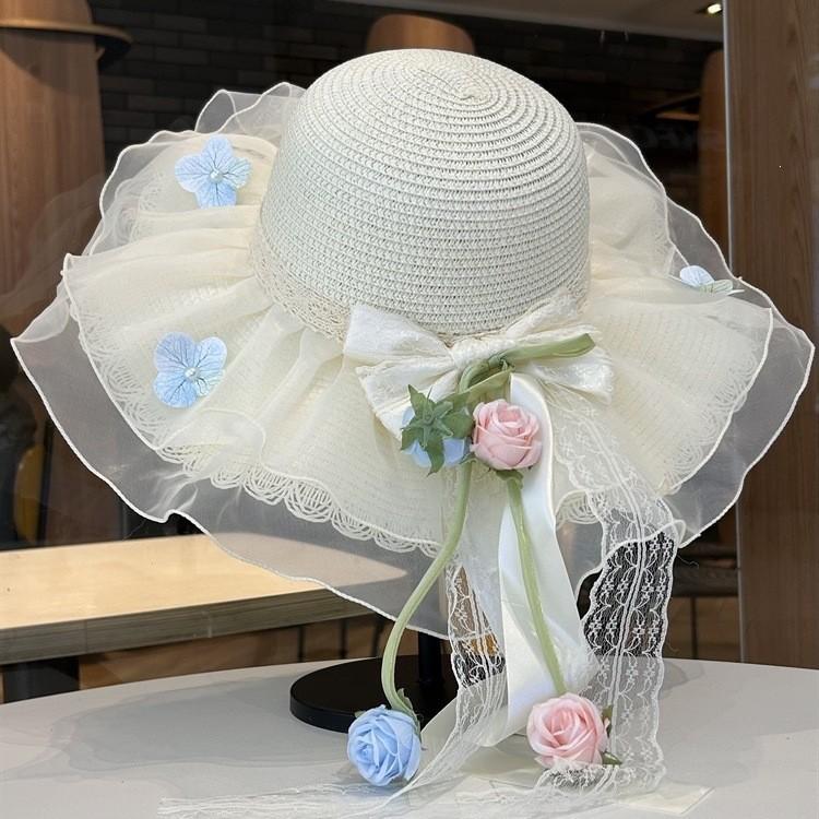 Summer Straw Hat For Women With Lace Bow Sun Protection Beach Vacation