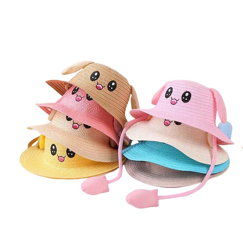 Atibei Children s Sun Hats with Moving Ears Woven Straw Hats for Boys and Girls-Beach & Outdoor Use
