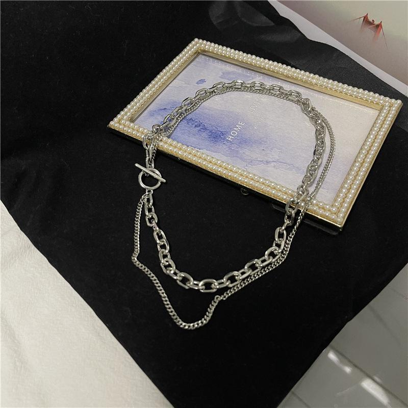 European and American personalized double-layer OT buckle necklace for men and women, simple hip-hop punk thick and thin chain,