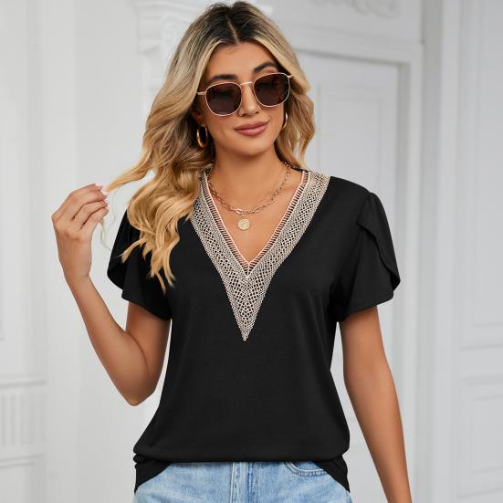 V-neck Petal Short Sleeve Women T-shirt Summer Golden Lace Stitching Loose Pullover Top Streetwear