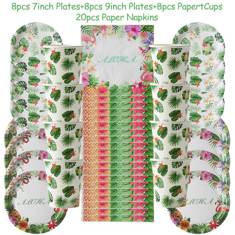 Summer Hawaii Party Disposable Tableware Sets Flamingo Palm Leaf Hawaiian Birthday Party Supplies Tropical Wedding Decorations