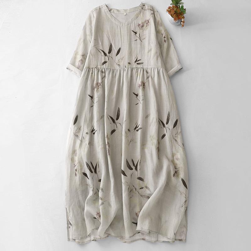 2025 Summer New Printed Cotton and Linen Dress Women's Vacation Travel Loose and Thin Round Neck Five-quarter Sleeve Knee Dress